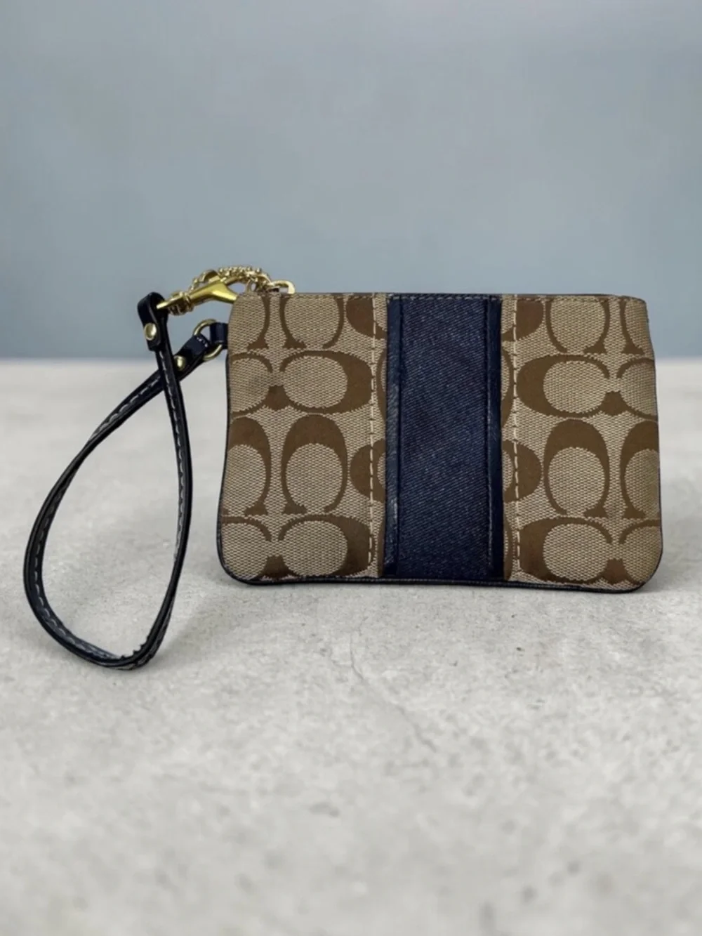 Coach Signature Navy Blue Striped Corner Zip Wristlet